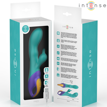 Close-up of the INTENSE Vibrador Rabbit Fred Dupla Estimulação Azul, highlighting its design and silicone texture.