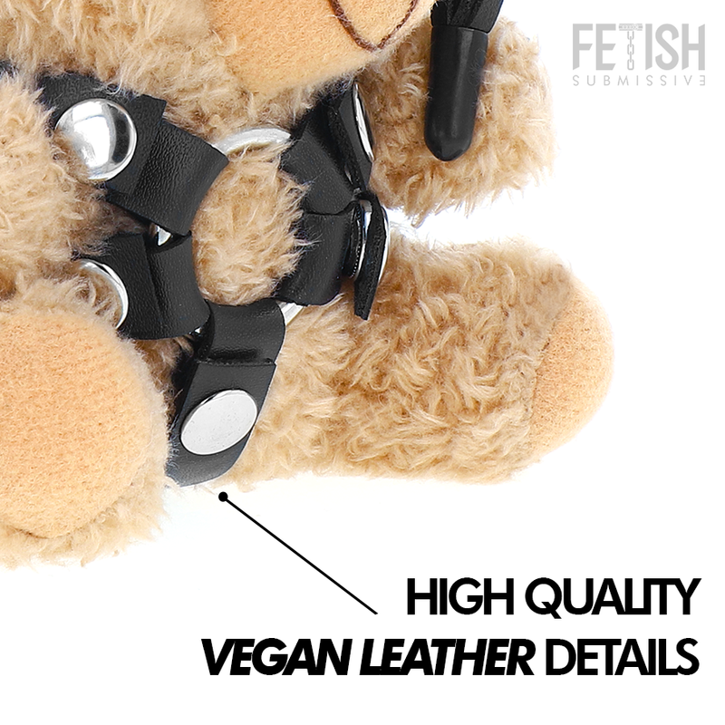 Urso de pelúcia BDSM Ted da FETISH SUBMISSIVE com chicote, máscara e arnês de couro.