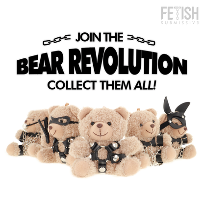Urso de pelúcia BDSM Bongo da FETISH SUBMISSIVE com arreio de argola e acessórios.