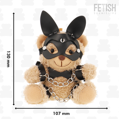 Urso de pelúcia FETISH SUBMISSIVE Mishka com estilo BDSM, máscara de orelhas de coelho e correntes nas pernas