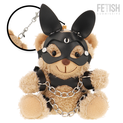 Urso de pelúcia FETISH SUBMISSIVE Mishka com estilo BDSM, máscara de orelhas de coelho e correntes nas pernas