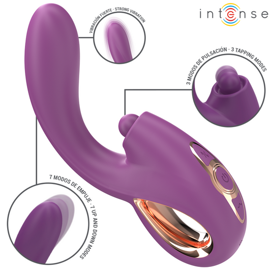 Vibrador de Ponto G INTENSE LALI multifuncional roxo com funções de batida, impulsão e vibração.