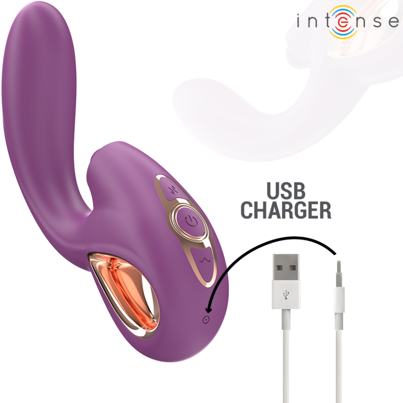 Vibrador de Ponto G INTENSE LALI multifuncional roxo com funções de batida, impulsão e vibração.