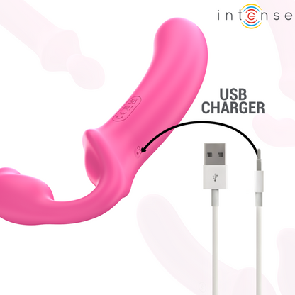 INTENSE Vibrador Duplo Amy 20cm Rosa com Controlo Remoto, mostrando o design ergonómico e cor suave.