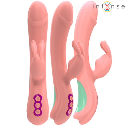 Vibrador Rabbit Intense Rachel rosa com ponta oscilante e 5 vibrações, para estimulação do ponto G e prazer duplo.
