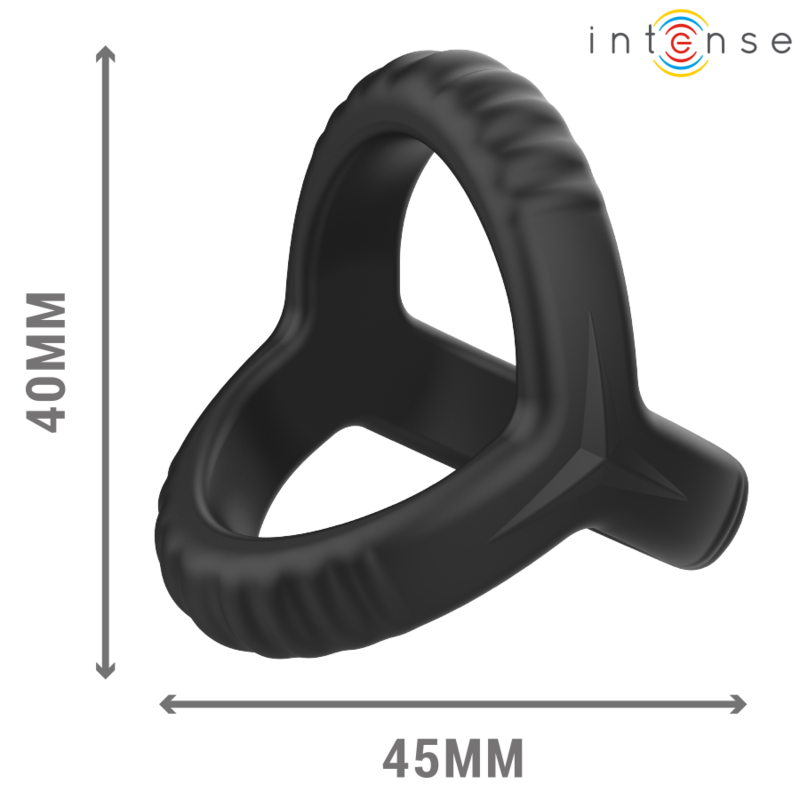 Close-up do Anel Peniano Duplo Carson INTENSE de silicone preto, destacando seu design e material macio para melhor desempenho.