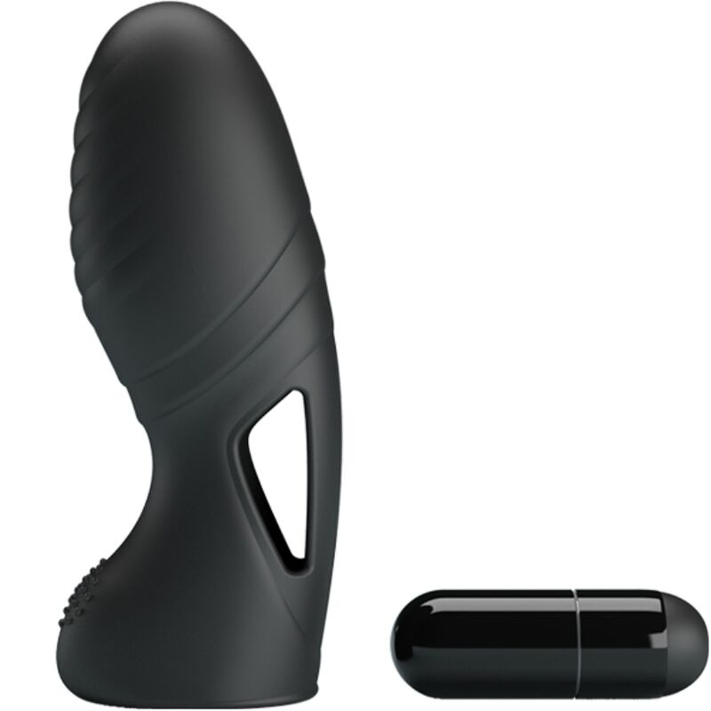 Close-up of the PRETTY LOVE Vibrador de Dedo Alan em Silicone Preto, highlighting its soft texture and flexible design.