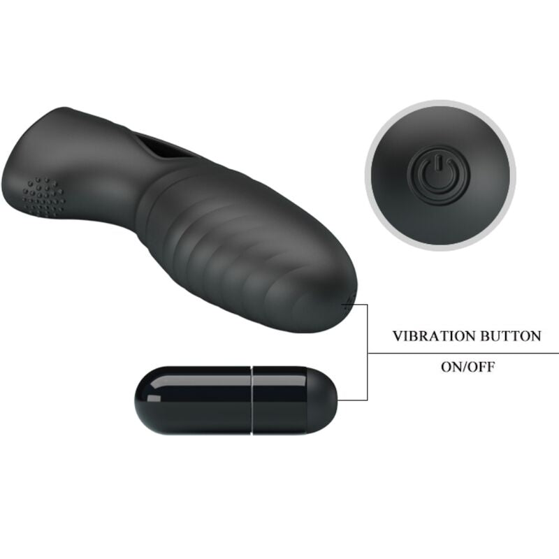 Close-up of the PRETTY LOVE Vibrador de Dedo Alan em Silicone Preto, highlighting its soft texture and flexible design.