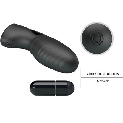 Close-up of the PRETTY LOVE Vibrador de Dedo Alan em Silicone Preto, highlighting its soft texture and flexible design.