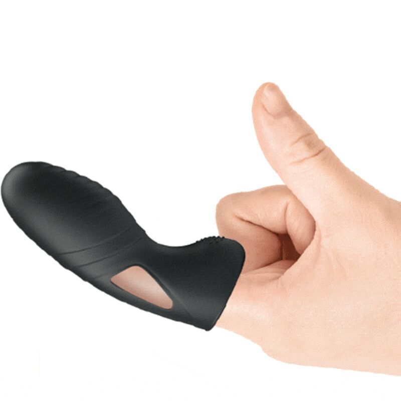 Close-up of the PRETTY LOVE Vibrador de Dedo Alan em Silicone Preto, highlighting its soft texture and flexible design.