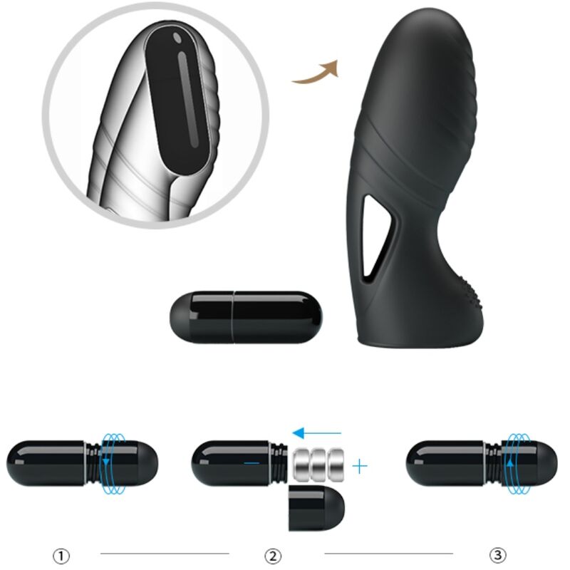 Close-up of the PRETTY LOVE Vibrador de Dedo Alan em Silicone Preto, highlighting its soft texture and flexible design.