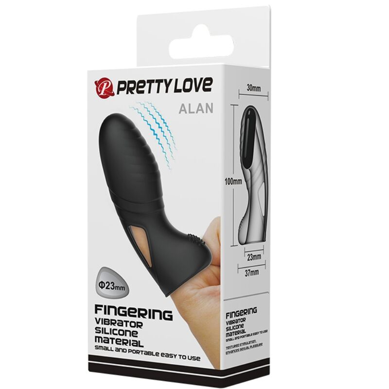 Close-up of the PRETTY LOVE Vibrador de Dedo Alan em Silicone Preto, highlighting its soft texture and flexible design.