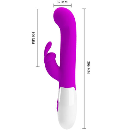 Close-up do vibrador rabbit Pretty Love Centaur roxo, destacando seu design em silicone e estimulador clitoriano.