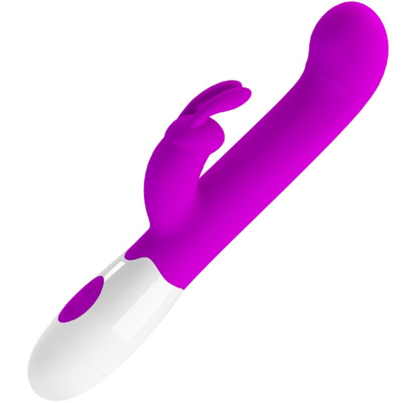 Close-up do vibrador rabbit Pretty Love Centaur roxo, destacando seu design em silicone e estimulador clitoriano.