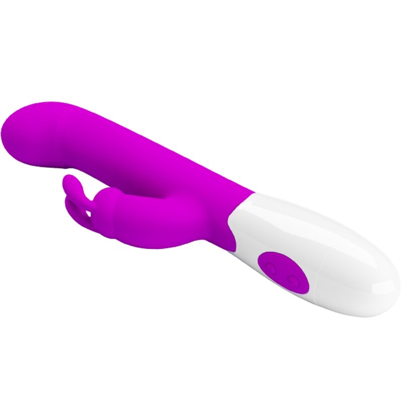Close-up do vibrador rabbit Pretty Love Centaur roxo, destacando seu design em silicone e estimulador clitoriano.