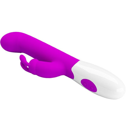 Close-up do vibrador rabbit Pretty Love Centaur roxo, destacando seu design em silicone e estimulador clitoriano.