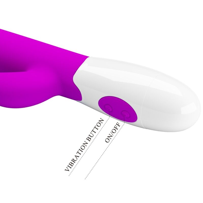 Close-up do vibrador rabbit Pretty Love Centaur roxo, destacando seu design em silicone e estimulador clitoriano.