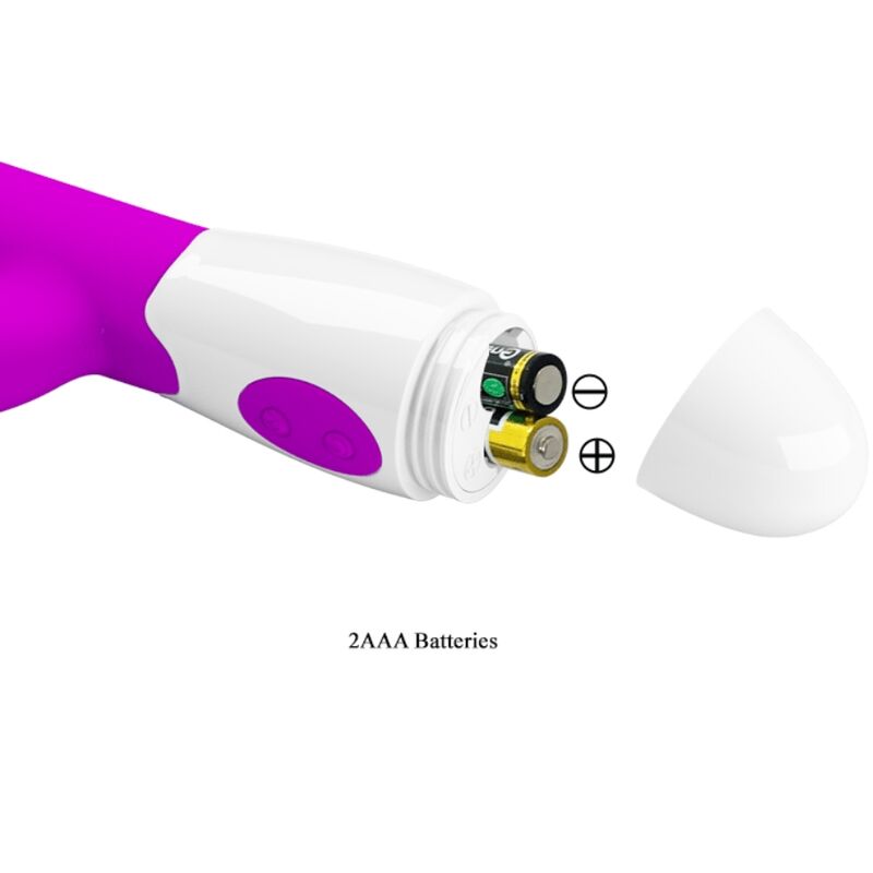 Close-up do vibrador rabbit Pretty Love Centaur roxo, destacando seu design em silicone e estimulador clitoriano.