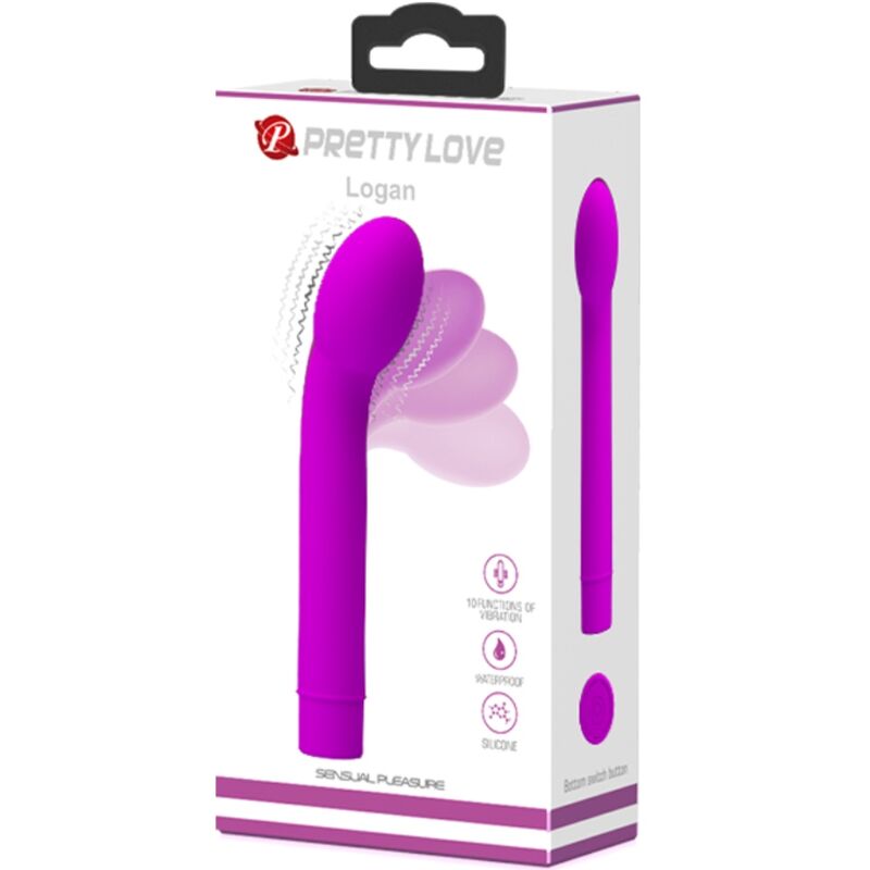 Close-up do vibrador Pretty Love Logan Ponto G com 10 vibrações, em silicone roxo.