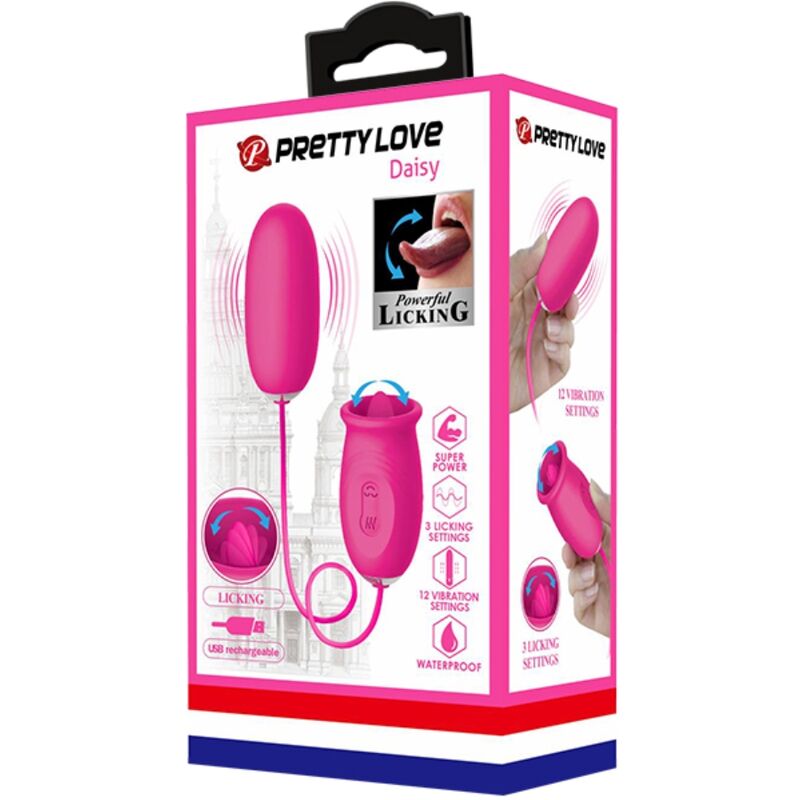 Close-up of the PRETTY LOVE Ovo Vibrador Daisy com Língua Estimulante de Clitóris Rosa, showcasing its dual stimulation features and silicone texture.