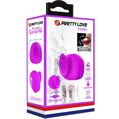 Close-up do PRETTY LOVE Estelle Vibrador Estimulador Clitoriano de Língua Roxo, destacando o silicone suave e o design ergonómico.