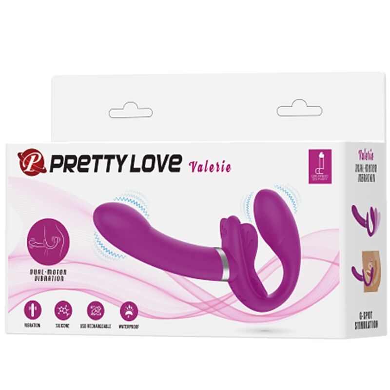 Vibrador Double Strap-On PRETTY LOVE Valerie Roxo para prazer a dois, mostrando o design e as características.