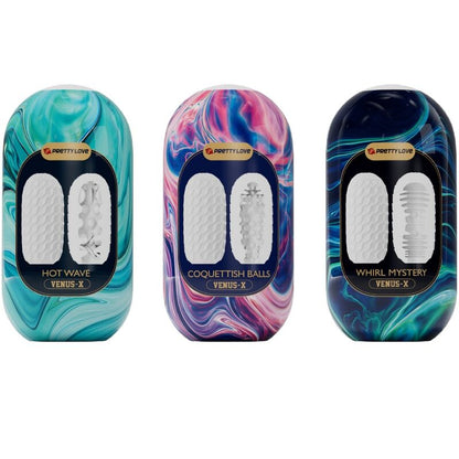 Masturbador masculino PRETTY LOVE VENUS X com detalhes dos 3 túneis internos e textura suave.