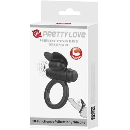 Close-up do PRETTY LOVE Anel Vibratório Debonaire Coelho 10 Funções Preto, destacando seu design e estimulador.