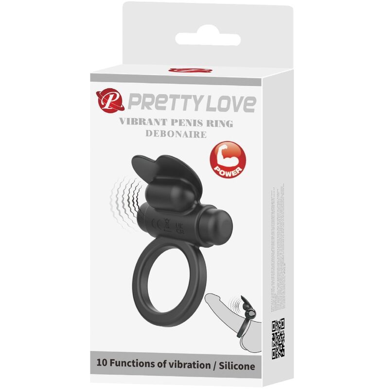 Close-up do PRETTY LOVE Anel Vibratório Debonaire Coelho 10 Funções Preto, destacando seu design e estimulador.