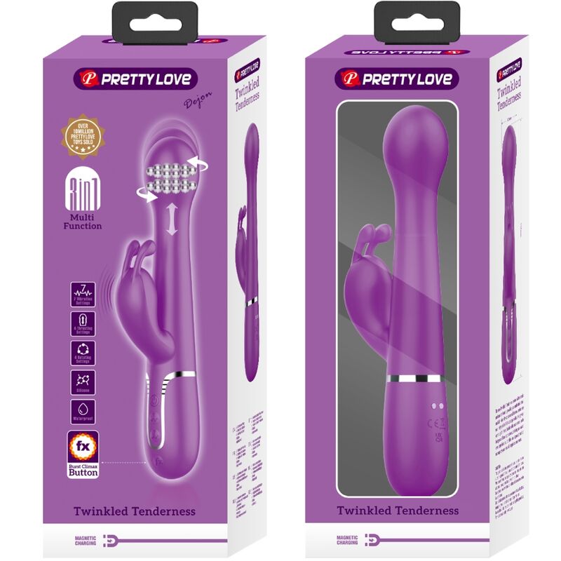 Vibrador Rabbit Pretty Love Dejon Multifuncional 3 em 1 Roxo, em silicone macio.