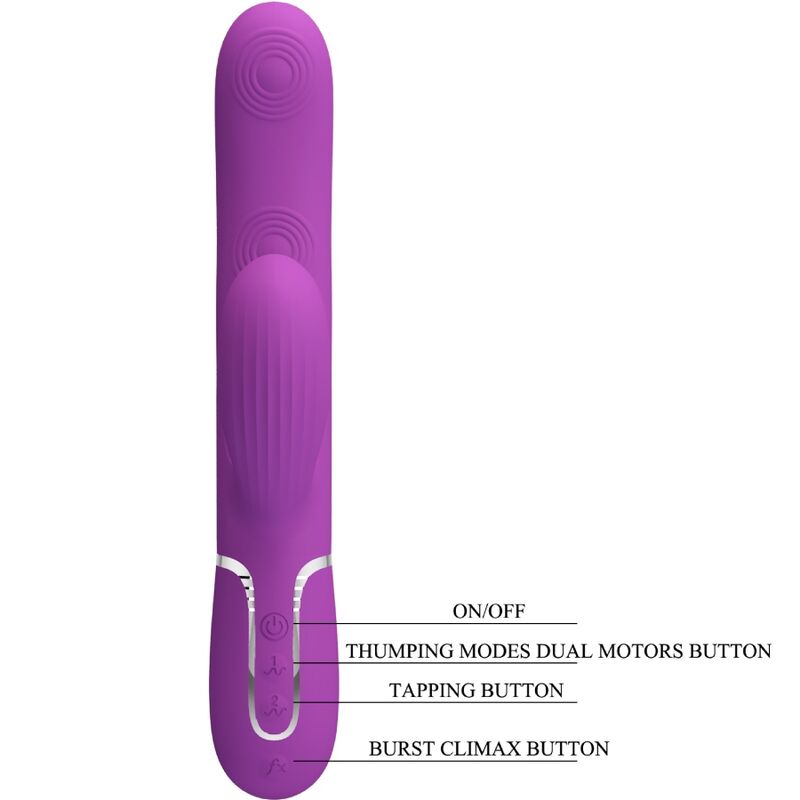 PRETTY LOVE Vibrador Coelho Multifuncional 3 em 1 Roxo, exibindo seu design ergonómico e ponta estimulante.