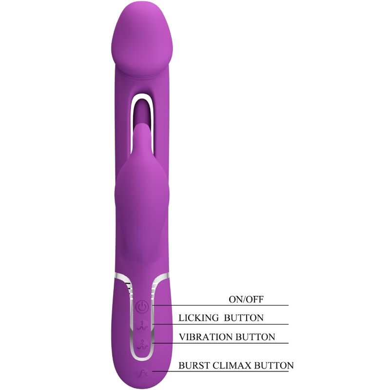 Close-up do Vibrador Coelho Multifuncional PRETTY LOVE Kampas 3 em 1 Roxo, mostrando o estimulador de coelho e a língua vibratória.