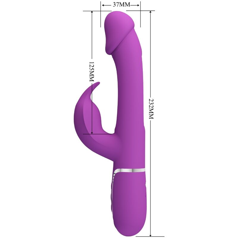 Close-up do Vibrador Coelho Multifuncional PRETTY LOVE Kampas 3 em 1 Roxo, mostrando o estimulador de coelho e a língua vibratória.