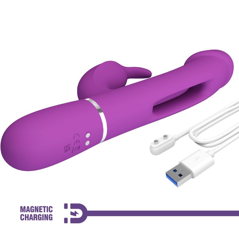 Close-up do Vibrador Coelho Multifuncional PRETTY LOVE Kampas 3 em 1 Roxo, mostrando o estimulador de coelho e a língua vibratória.