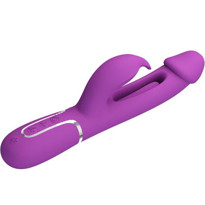 Close-up do Vibrador Coelho Multifuncional PRETTY LOVE Kampas 3 em 1 Roxo, mostrando o estimulador de coelho e a língua vibratória.