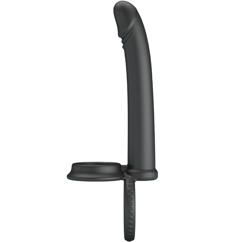 PRETTY LOVE DILLION Anel Duplo Peniano Vibratório Dupla Penetração Preto, feito de silicone macio e com pontas vibratórias para casais.