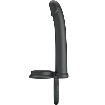 PRETTY LOVE DILLION Anel Duplo Peniano Vibratório Dupla Penetração Preto, feito de silicone macio e com pontas vibratórias para casais.