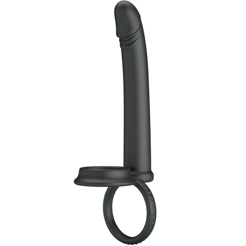 PRETTY LOVE DILLION Anel Duplo Peniano Vibratório Dupla Penetração Preto, feito de silicone macio e com pontas vibratórias para casais.