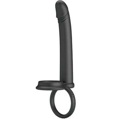 PRETTY LOVE DILLION Anel Duplo Peniano Vibratório Dupla Penetração Preto, feito de silicone macio e com pontas vibratórias para casais.
