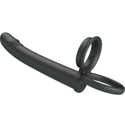 PRETTY LOVE DILLION Anel Duplo Peniano Vibratório Dupla Penetração Preto, feito de silicone macio e com pontas vibratórias para casais.