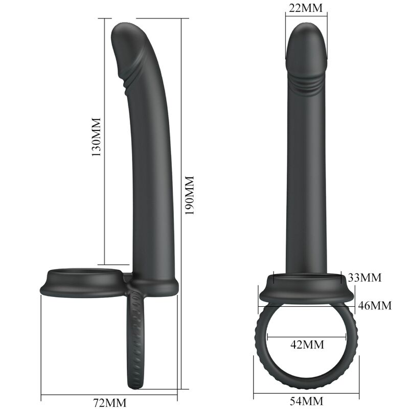 PRETTY LOVE DILLION Anel Duplo Peniano Vibratório Dupla Penetração Preto, feito de silicone macio e com pontas vibratórias para casais.