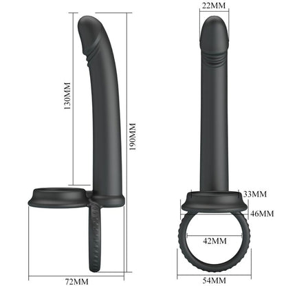 PRETTY LOVE DILLION Anel Duplo Peniano Vibratório Dupla Penetração Preto, feito de silicone macio e com pontas vibratórias para casais.