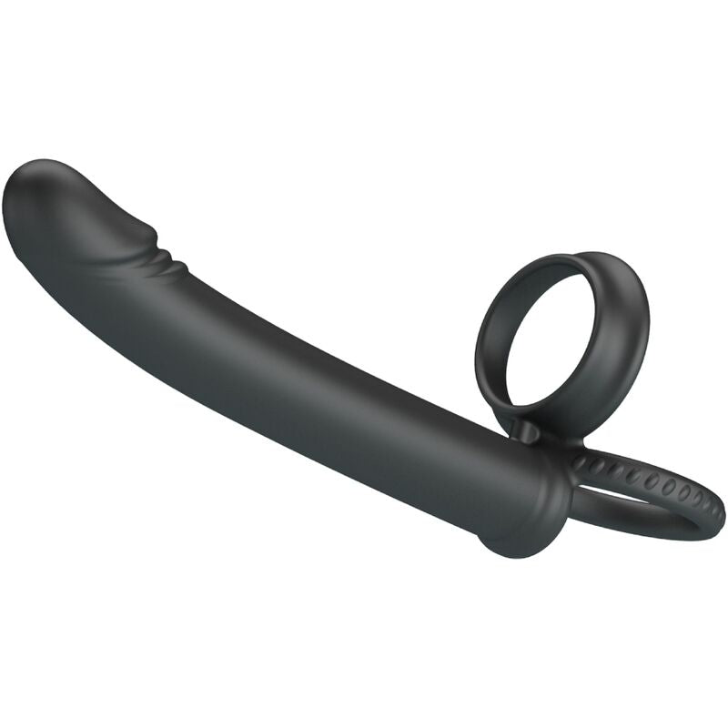 PRETTY LOVE DILLION Anel Duplo Peniano Vibratório Dupla Penetração Preto, feito de silicone macio e com pontas vibratórias para casais.