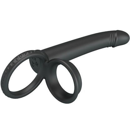 PRETTY LOVE DILLION Anel Duplo Peniano Vibratório Dupla Penetração Preto, feito de silicone macio e com pontas vibratórias para casais.