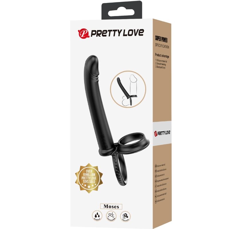 PRETTY LOVE DILLION Anel Duplo Peniano Vibratório Dupla Penetração Preto, feito de silicone macio e com pontas vibratórias para casais.