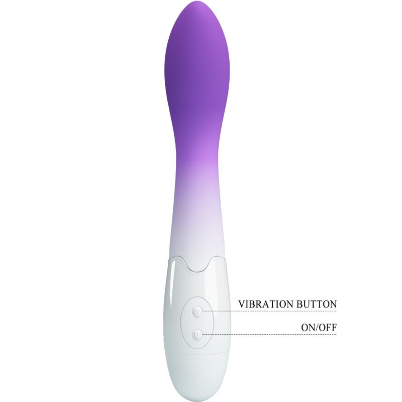 Close-up do Vibrador Ponto G PRETTY LOVE Bishop com 30 Vibrações Roxo, mostrando o seu design curvo e material de silicone.
