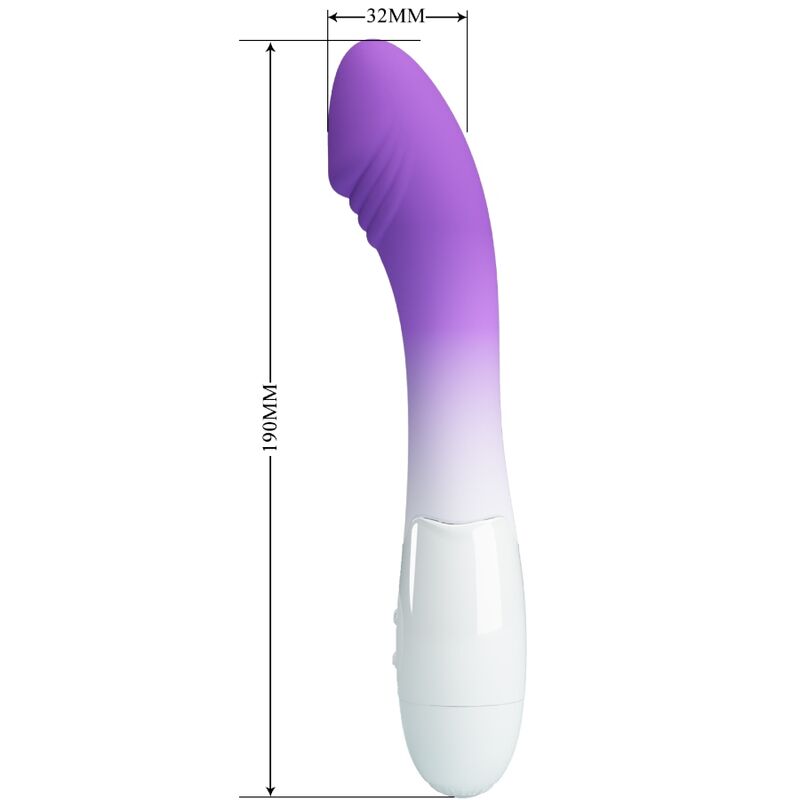 Close-up do Vibrador PRETTY LOVE Ponto G com 30 Vibrações Roxo, destacando o design curvo e material de silicone.