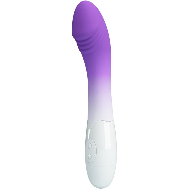 Close-up do Vibrador PRETTY LOVE Ponto G com 30 Vibrações Roxo, destacando o design curvo e material de silicone.