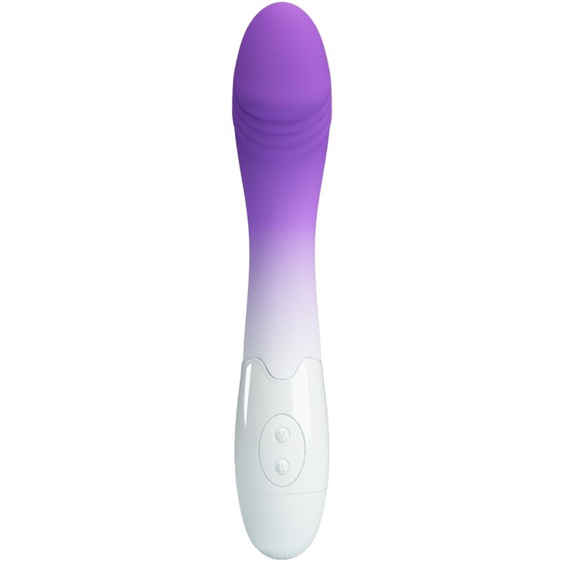 Close-up do Vibrador PRETTY LOVE Ponto G com 30 Vibrações Roxo, destacando o design curvo e material de silicone.