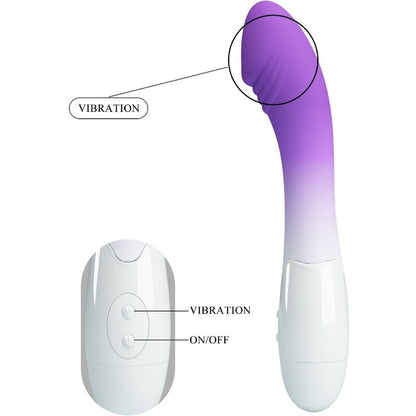 Close-up do Vibrador PRETTY LOVE Ponto G com 30 Vibrações Roxo, destacando o design curvo e material de silicone.